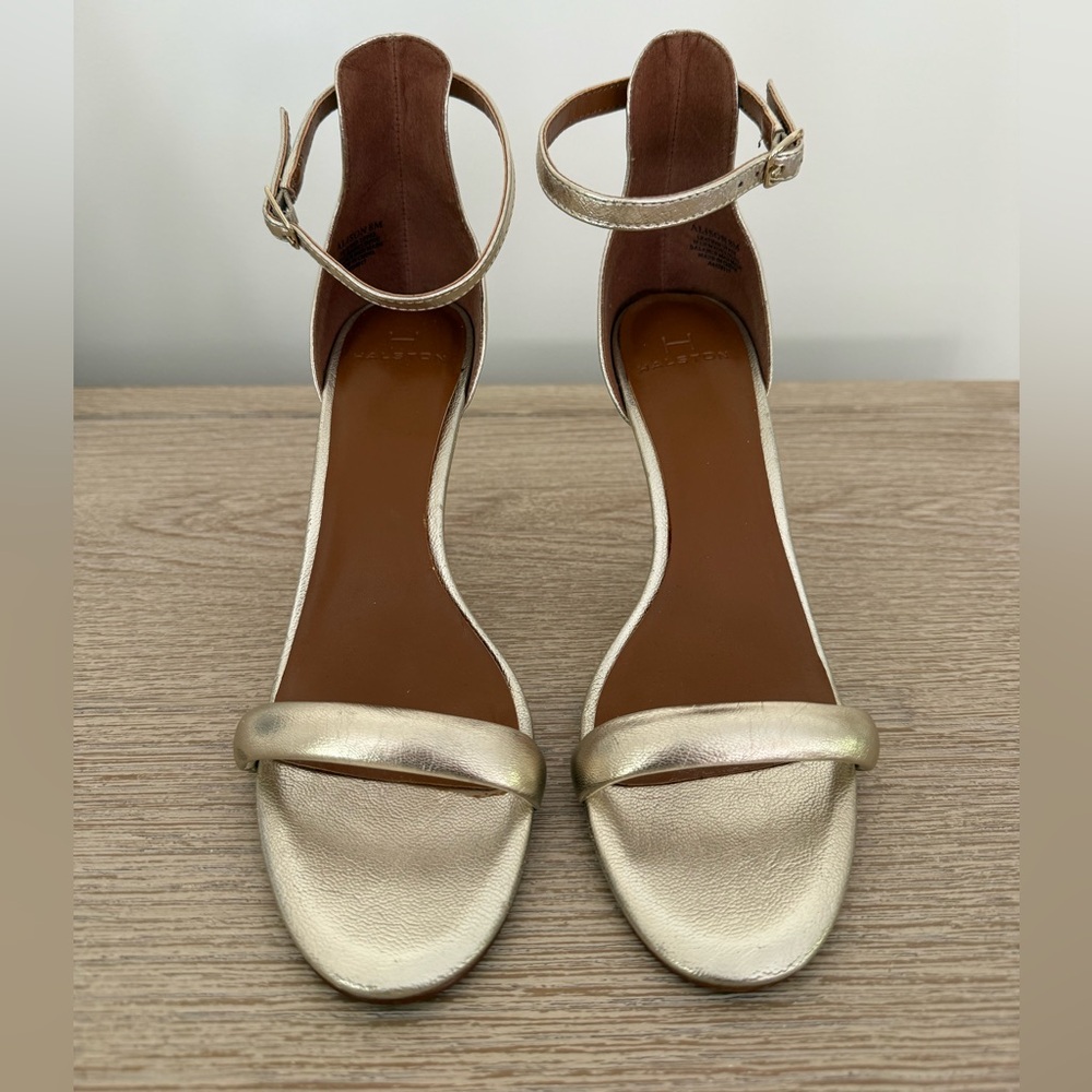 Halston Gold Ankle Strap Sandals